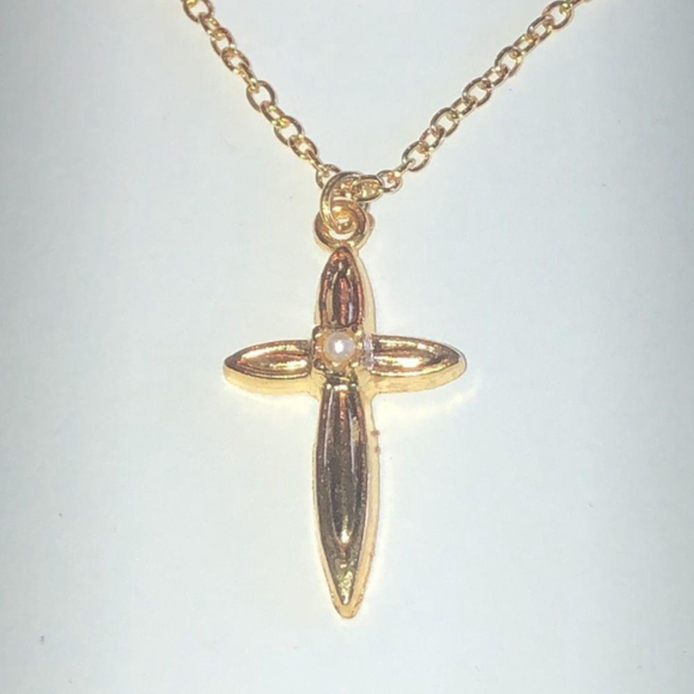 Vintage Gold Tone & Faux Pearl Cross Pendant Necklace